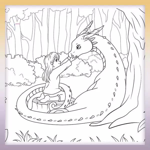 Chica con dragón - Dibujos para colorear