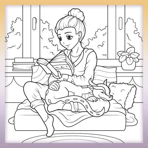 Una niña leyendo con un dragón | Dibujos para colorear