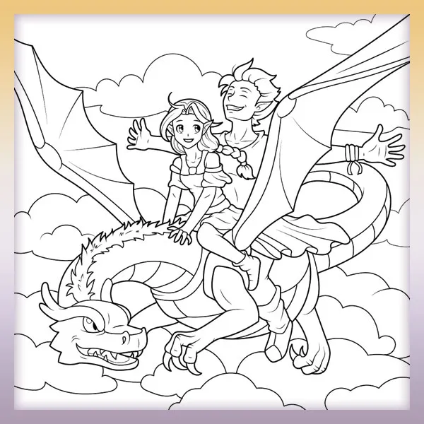 Elfos montando un dragón | Dibujos para colorear