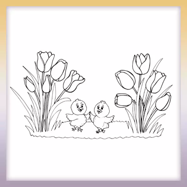 Pollos bajo tulipanes - Dibujos para colorear