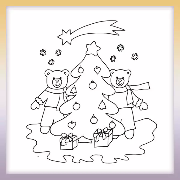Ositos de peluche junto al árbol de Navidad - Dibujos para colorear