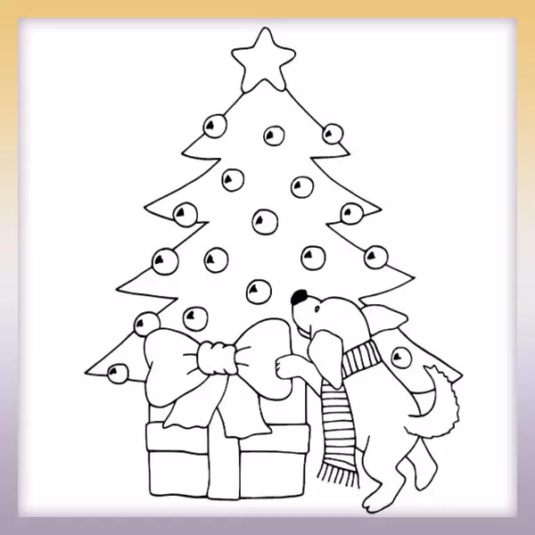 Perro junto al árbol de Navidad - Dibujos para colorear