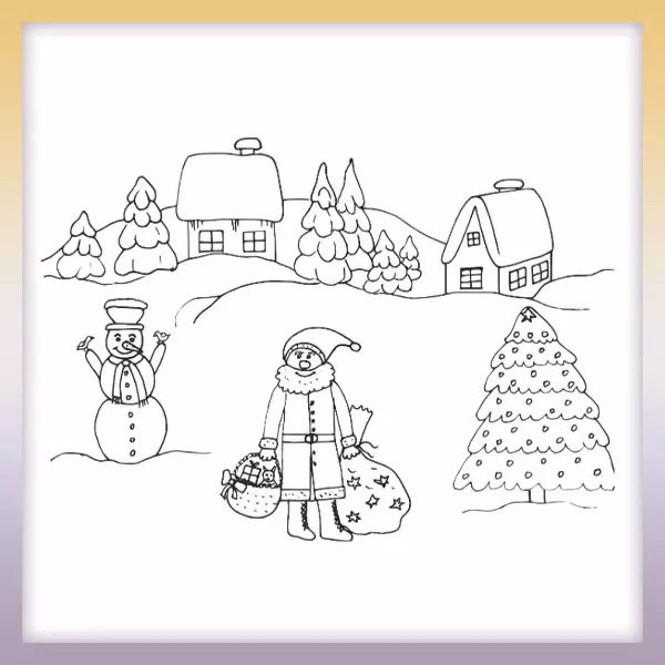 Paisaje de invierno y santa - Dibujos para colorear