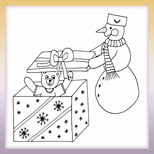 Muñeco de nieve y osito de peluche en un regalo. - Dibujos para colorear