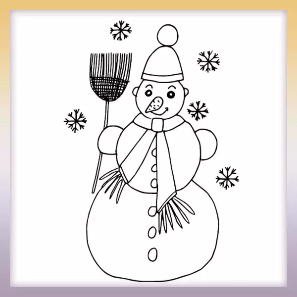 Muñeco de nieve con escoba y copos - Dibujos para colorear