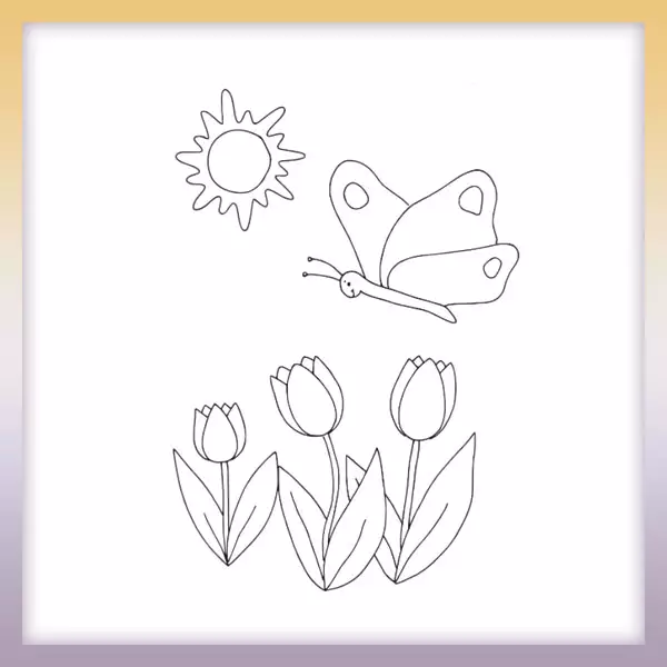 Tulipanes y mariposa - Dibujos para colorear
